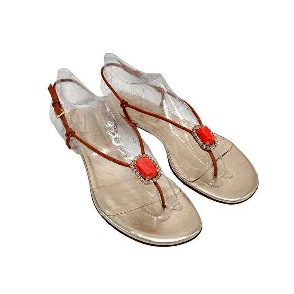 VTG Valentino Gold Thong Flat Sandals Sz.10 Coral Rhinestones Boho Designer - Picture 1 of 16